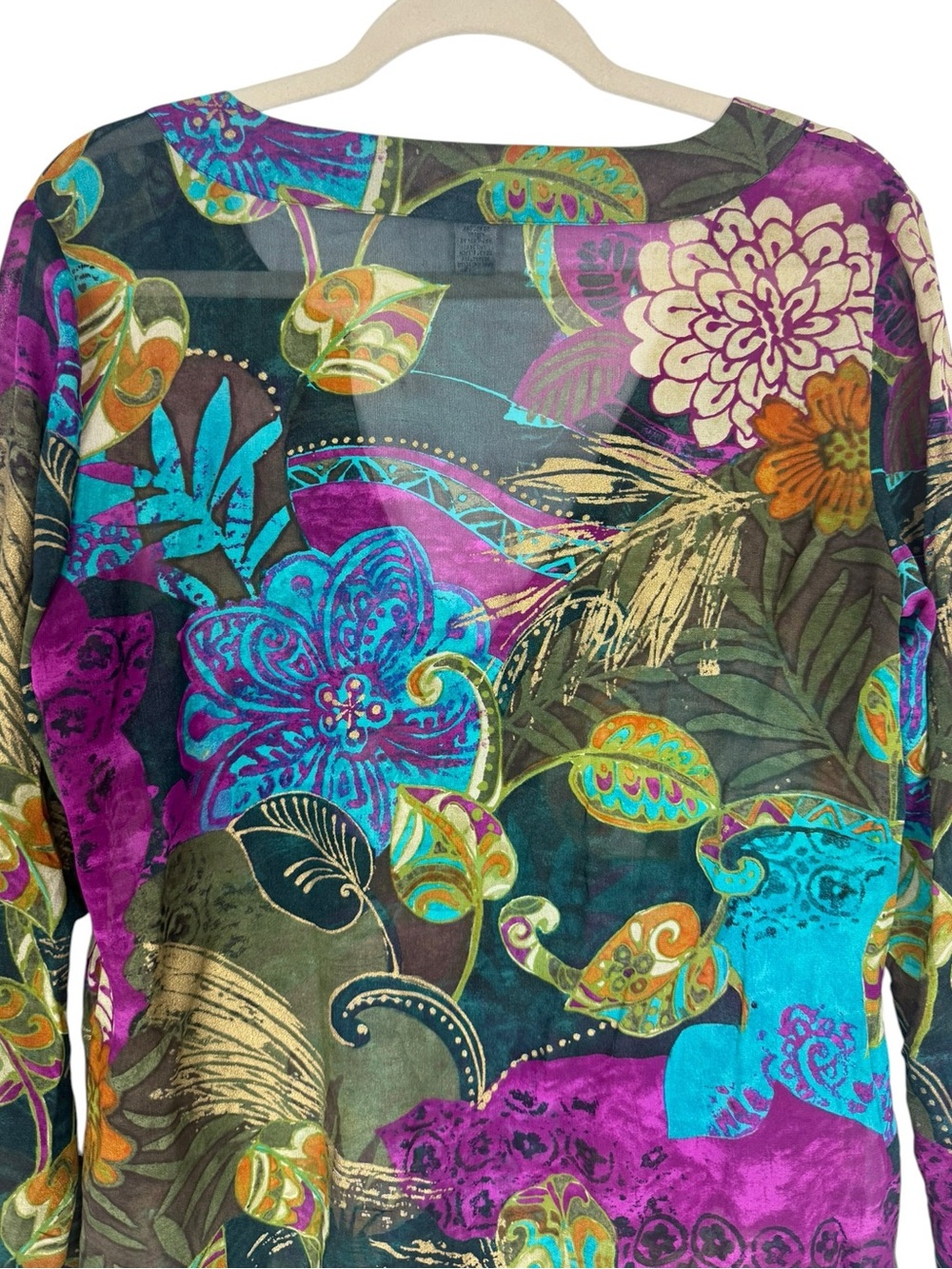 Chico’s 100% Silk Abstract Floral Tunic Top Semi Sheer Jewel Tone US 4 - Picture 8 of 15